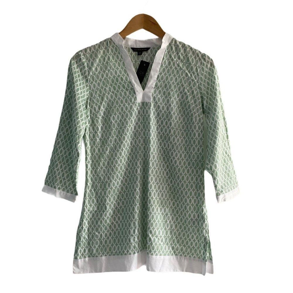 346 Brooks Brothers Women's V Neck Tunic Geometric Pattern Top Green US XS